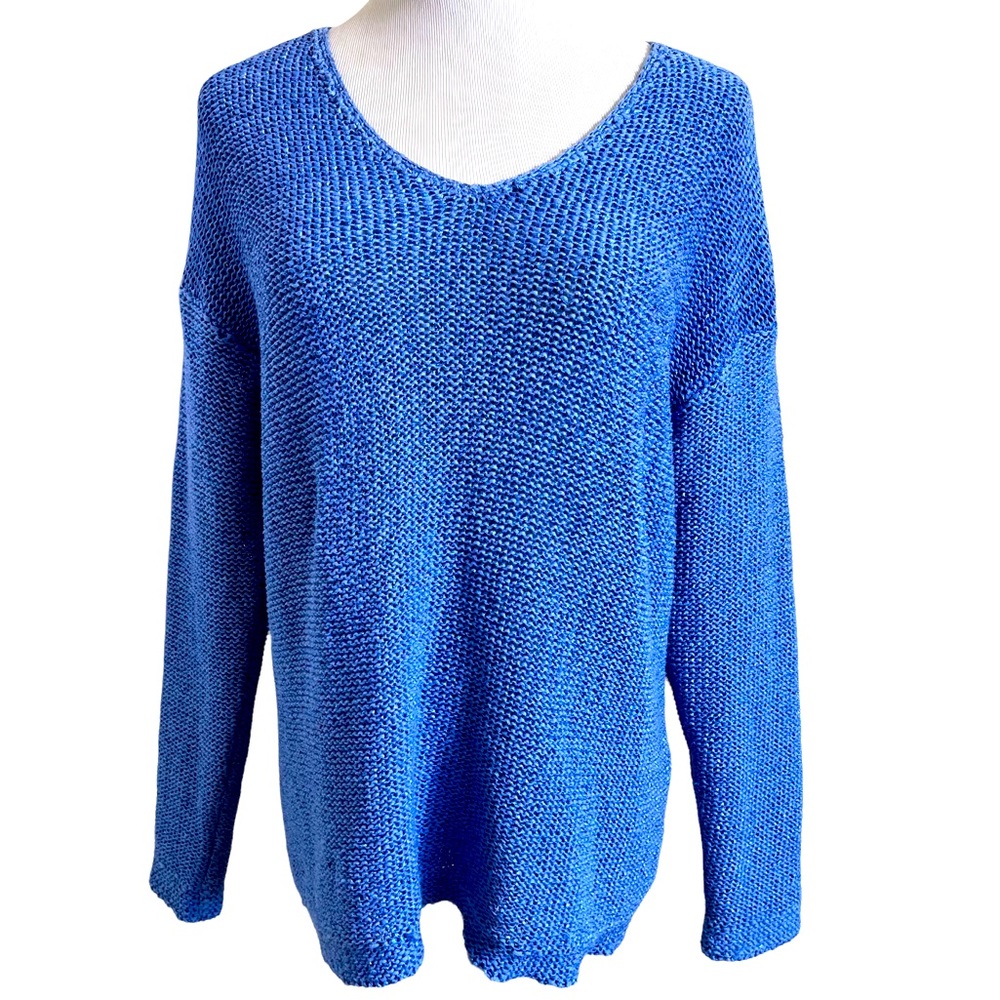 J Jill Blue V Neck Loose shimmer Knit Sweater‎ Sz Small